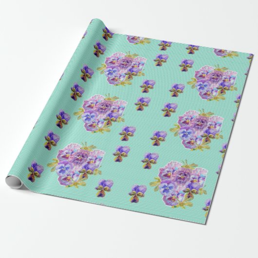 Paarse Pansy bloemen floral Aqua Stripe Wrapping Cadeaupapier (Uitgerold)