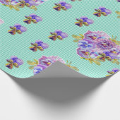 Paarse Pansy bloemen floral Aqua Stripe Wrapping Cadeaupapier (Hoek)