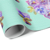 Paarse Pansy bloemen floral Aqua Stripe Wrapping Cadeaupapier (Rol Hoek)