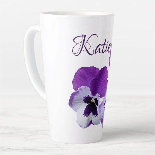 Paarse pansy floral Katie naam aanpasbare boho Latte Mok (Linkerhoek)