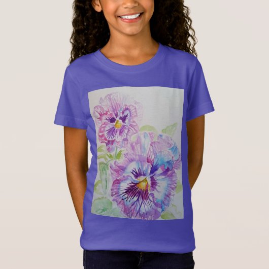 Paarse Pansy florale waterverf Girls T Shirt (Voorkant)