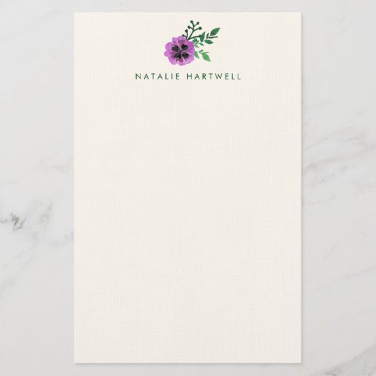 Paarse Pansy Gepersonaliseerde Linnen Stationery Briefpapier (Voorkant)