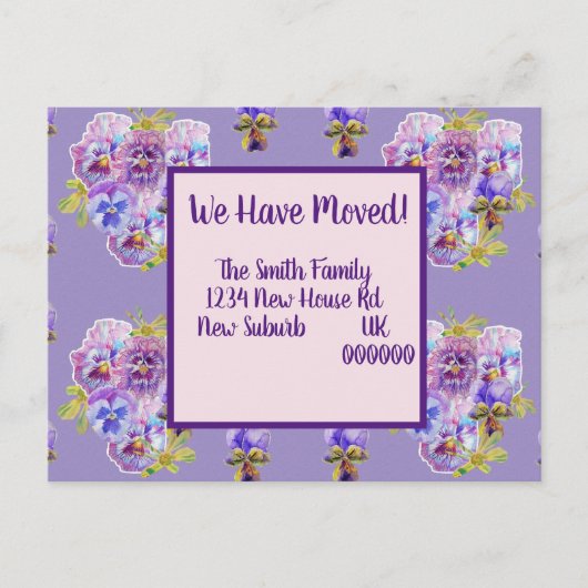 Paarse Pansy Nieuw Adres Briefkaart, we gaan verhu Briefkaart (Voorkant)