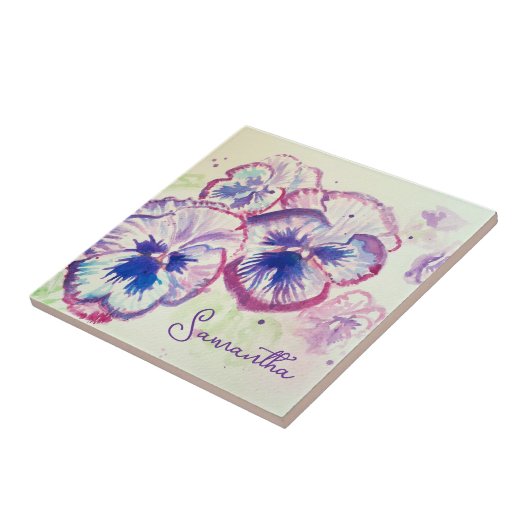 Paarse Pansy Pansies Waterverf Floral Art Design Tegeltje (Zijkant)