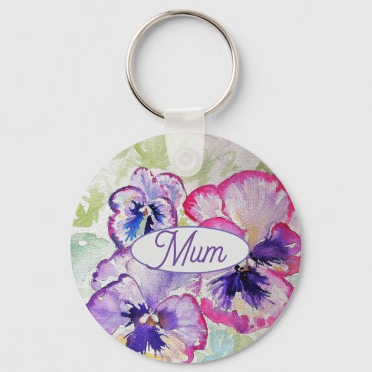 Paarse Pansy Pink Flower Floral Waterverf mam Sleutelhanger (Voorkant)