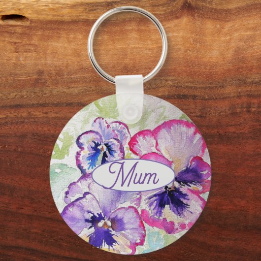 Paarse Pansy Pink Flower Floral Waterverf mam Sleutelhanger (Voorkant)