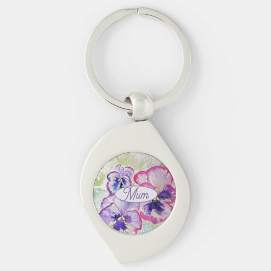 Paarse Pansy Pink Flower Floral Waterverf mam Sleutelhanger (Voorkant)