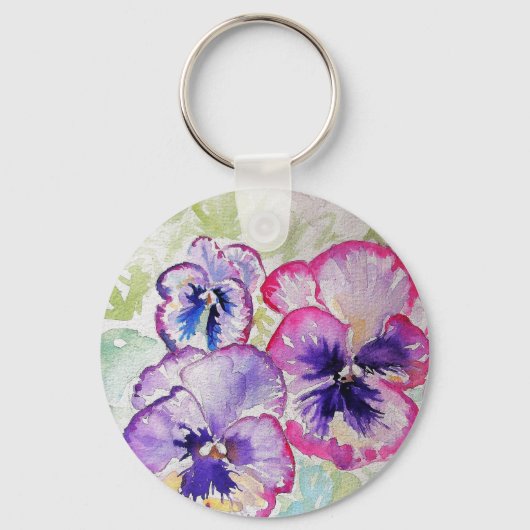 Paarse Pansy Pink Flower Floral Waterverf Sleutelhanger (Voorkant)