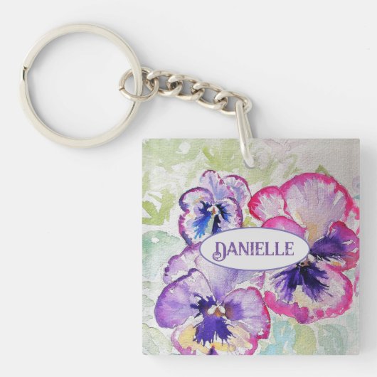 Paarse Pansy Pink Flower Floral Waterverf Sleutelhanger (voorkant)