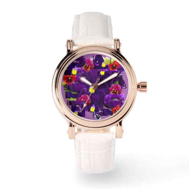 Paarse Pansy Typografie Horloge (Voorkant)