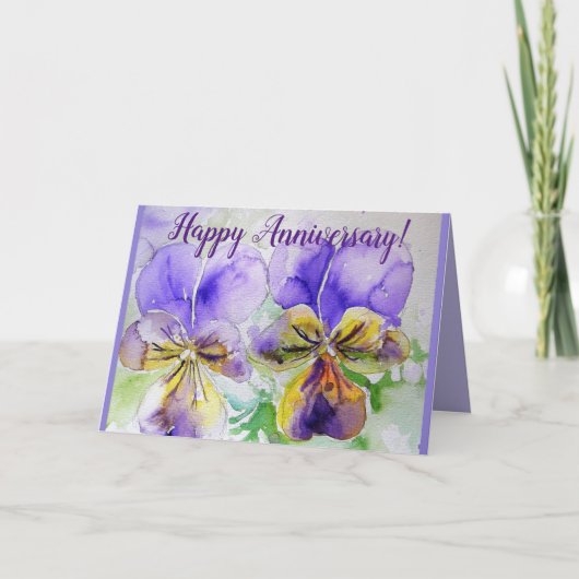 Paarse Pansy Viola Waterverf Jubileum Card Kaart (Voorkant)
