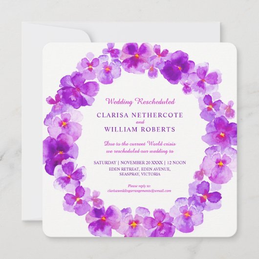Paarse Pansy waterverf Flower Wedding Verplaatst Kaart (Voorkant)