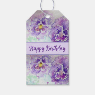 Paarse Pansy Waterverf Happy Birthday Gift Label Cadeaulabel