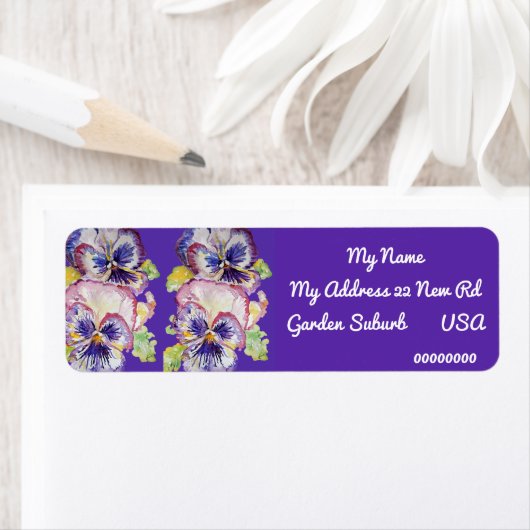 Paarse Pansy Waterverf Return Address Labels (Insitu)