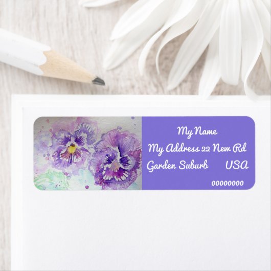 Paarse Pansy Waterverf Return Address Labels (Insitu)