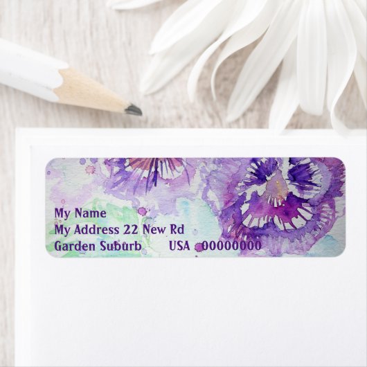 Paarse Pansy Waterverf Return Address Labels (Insitu)
