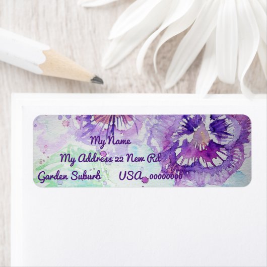 Paarse Pansy Waterverf Return Address Labels (Insitu)