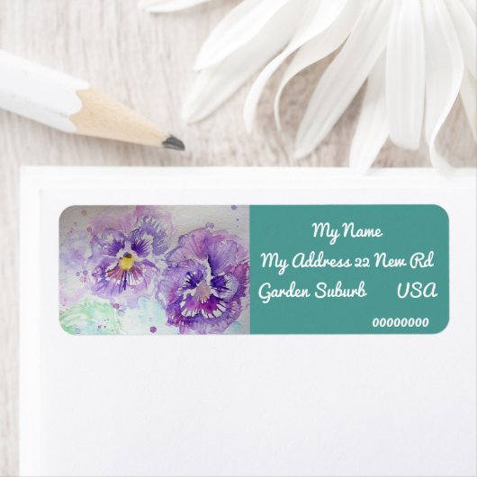 Paarse Pansy Waterverf Return Address Labels (Insitu)