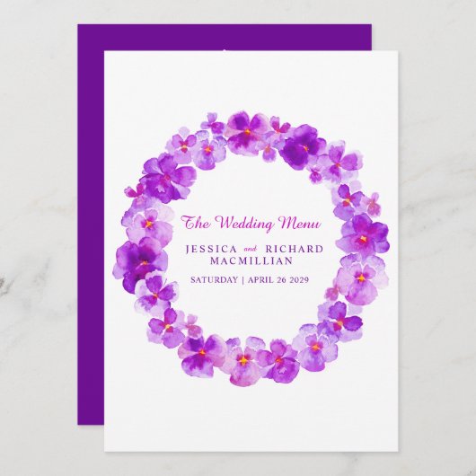 Paarse panty kunst bloemenkrans kunst bruiloft men menu (Voorkant / Achterkant)