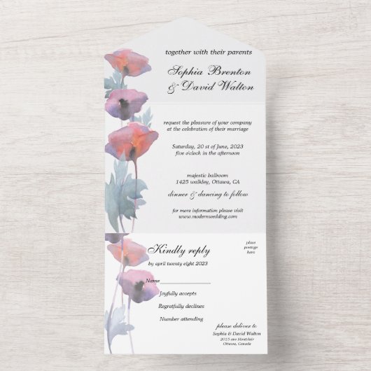 Paarse papaverbloem all in one uitnodiging (Binnen)