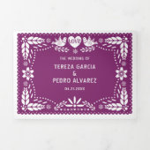 Paarse papel picado liefde vogels bruiloft drieluik uitnodiging (Cover)
