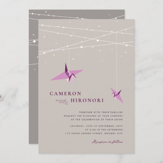 Paarse papieren kranen met feilloze Aziatische bru Kaart (Voorkant / Achterkant)