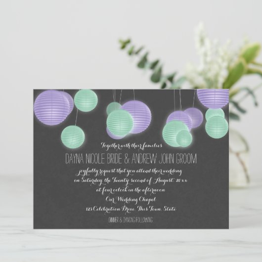Paarse papieren lantaarns bruiloft kaart (Staand voorkant)