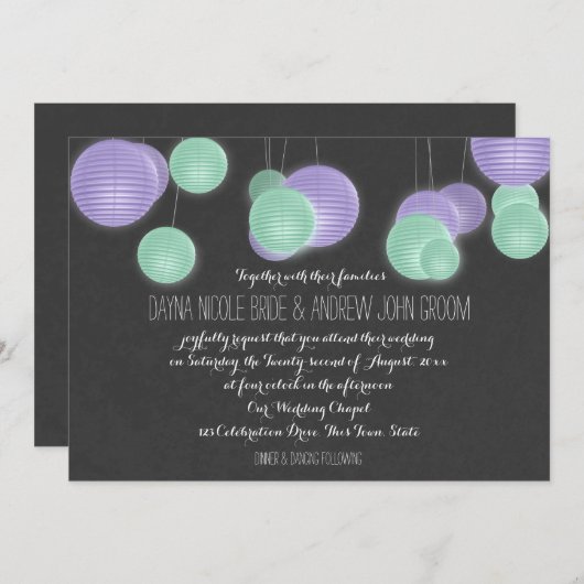 Paarse papieren lantaarns bruiloft kaart (Voorkant / Achterkant)