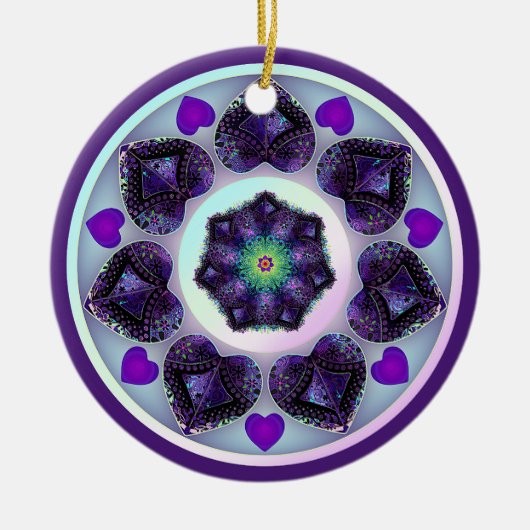 Paarse paraplu & harten .7 keramisch ornament (Voorkant)