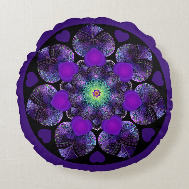 Paarse paraplu & harten .7 rond kussen (Voorkant)