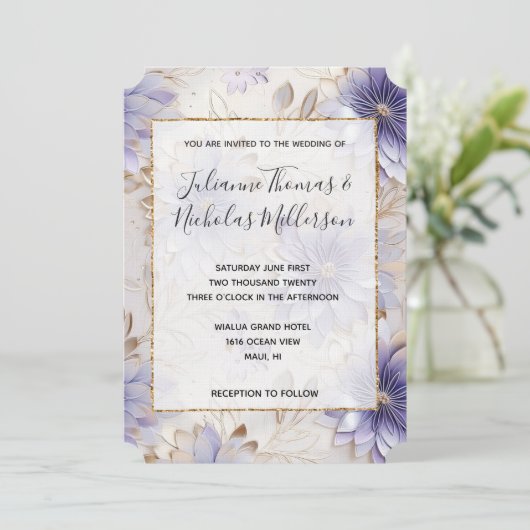 Paarse Parel Goud Bloemen Bruiloft Kaart (Staand voorkant)