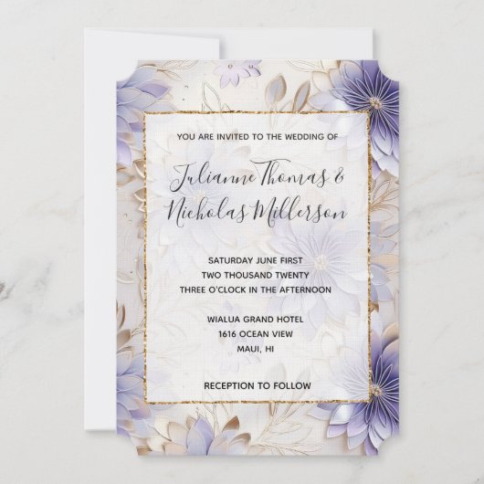 Paarse Parel Goud Bloemen Bruiloft Kaart (Voorkant)