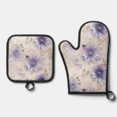 Paarse Parel Goud Bloemen Bruiloft Ovenwant & Pannenlap Set (Voorkant)