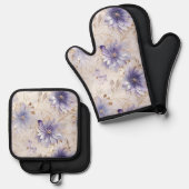 Paarse Parel Goud Bloemen Bruiloft Ovenwant & Pannenlap Set (Voorkant / Achterkant)