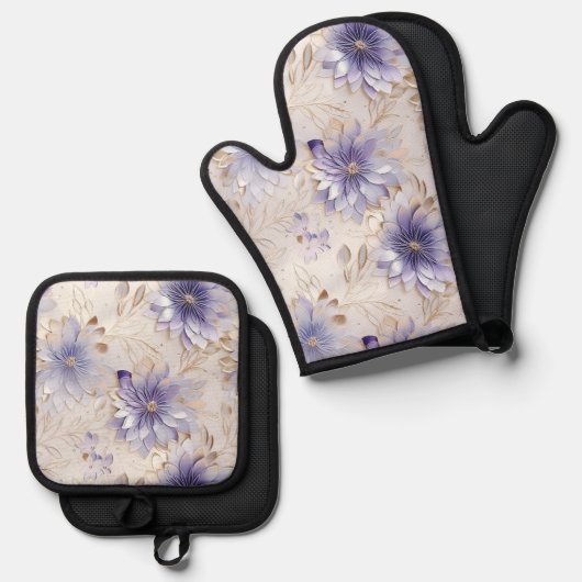 Paarse Parel Goud Bloemen Bruiloft Ovenwant & Pannenlap Set (Voorkant / Achterkant)