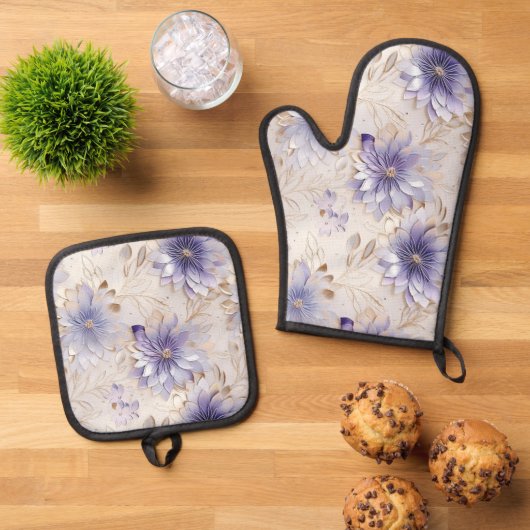 Paarse Parel Goud Bloemen Bruiloft Ovenwant & Pannenlap Set (Top down)