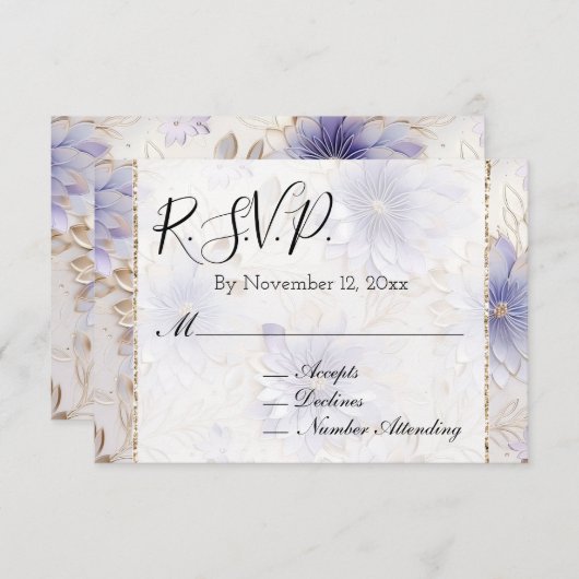  Paarse Parel Goud Bloemen Bruiloft RSVP Informatiekaartje (Voorkant / Achterkant)