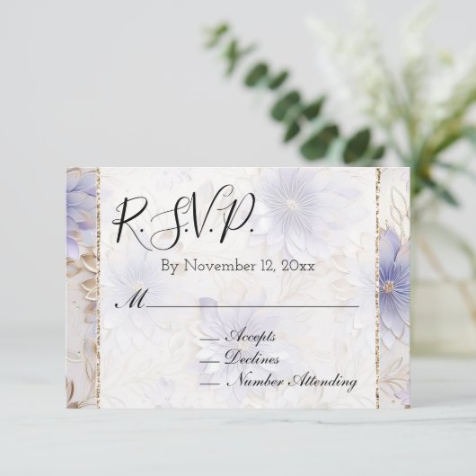  Paarse Parel Goud Bloemen Bruiloft RSVP Informatiekaartje (Staand voorkant)
