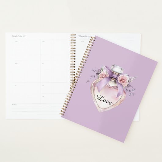 Paarse parfumfles strik roze bloemen planner (Display)