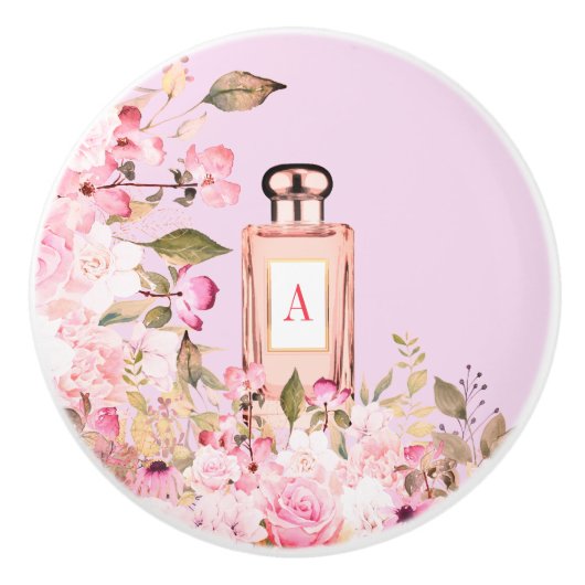 Paarse parfumflesflesjes  grafisch monogram keramische knop (Voorkant)