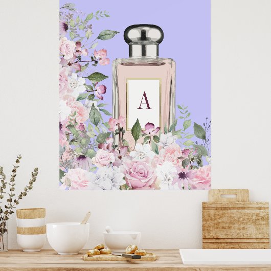 Paarse parfumflesflesjes grafisch monogram poster (Keuken)