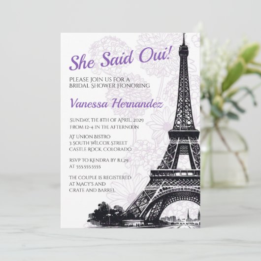 Paarse Parijse Bloemen Bruidsdouche Uitnodiging (Staand voorkant)