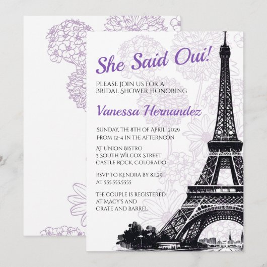 Paarse Parijse Bloemen Bruidsdouche Uitnodiging (Voorkant / Achterkant)
