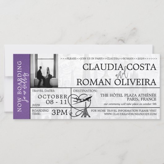 Paarse Paris bruiloft instapkaart uitnodiging (Voorkant)