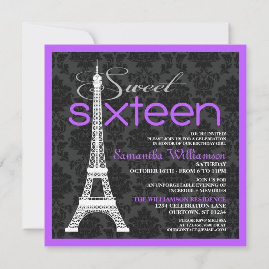 Paarse Paris Sweet 16 Kaart (Voorkant)