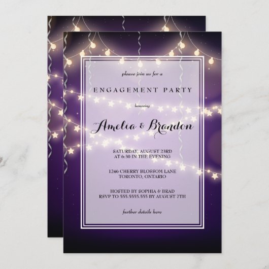 Paarse Partij Starry Lights Verloving Kaart (Voorkant / Achterkant)