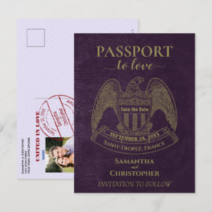 Paarse Paspoort Lief Bruiloft Save the Date Aankondigingskaart