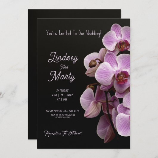 Paarse passie: Elegant Paarse orchideeën bruiloft Kaart (Voorkant / Achterkant)