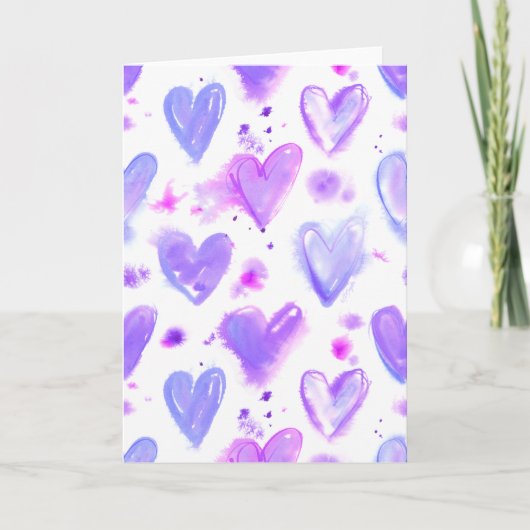 Paarse Passie Waterverf Harten Feestdagen Kaart (Voorkant)