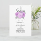 Paarse pastel en zilver vintage roze doop kaart (Staand voorkant)